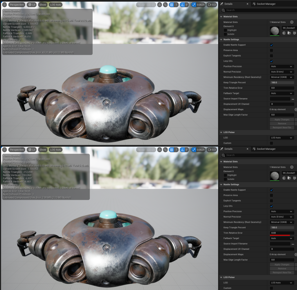 A Nanite model in Unreal 5 before and after tweaking Trim Relative Error, which takes the size of the mesh from 100 Mb down to 5Mb