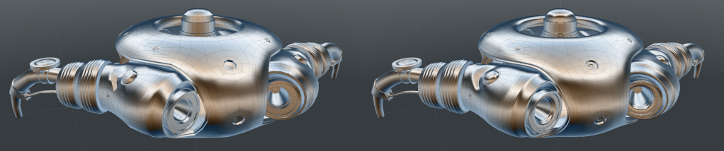 Subdivision mesh in Modo of a robot doodad, before and after subdivision